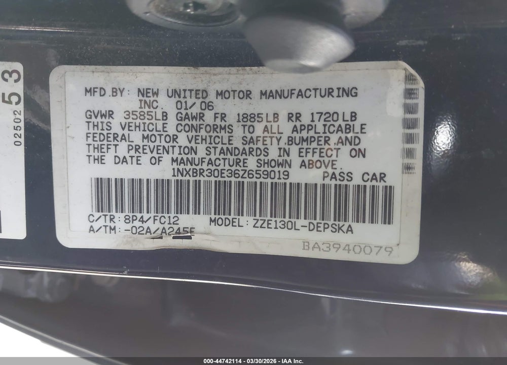 2006 TOYOTA COROLLA S VIN: 1NXBR30E36Z659019