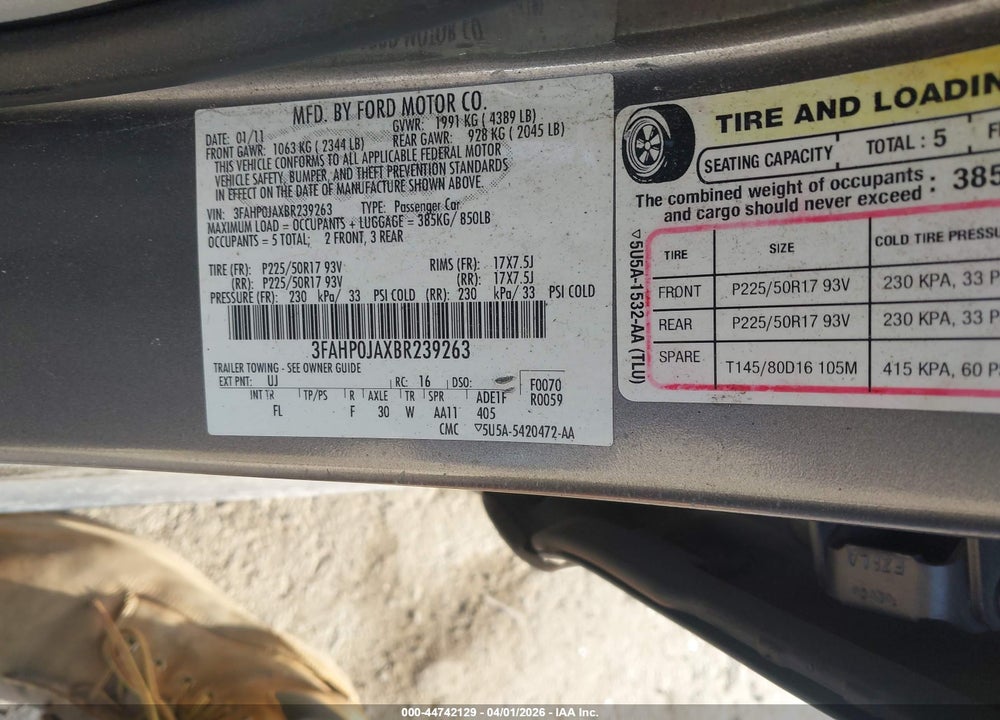 2011 FORD FUSION SEL VIN: 3FAHP0JAXBR239263