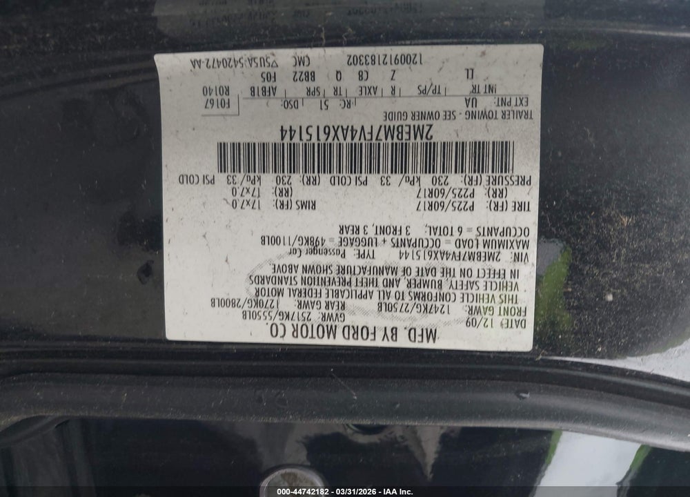 2010 MERCURY GRAND MARQUIS LS (FLEET ONLY) VIN: 2MEBM7FV4AX615144