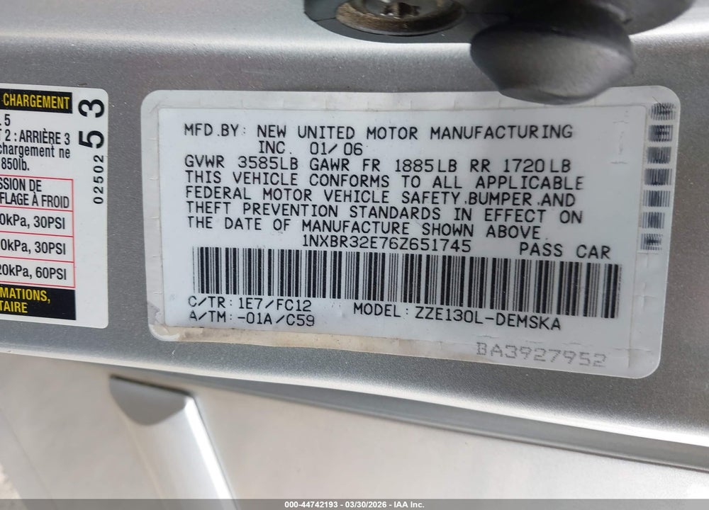 2006 TOYOTA COROLLA S VIN: 1NXBR32E76Z651745