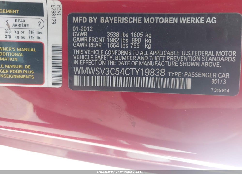 2012 MINI COOPER S VIN: WMWSV3C54CTY19838