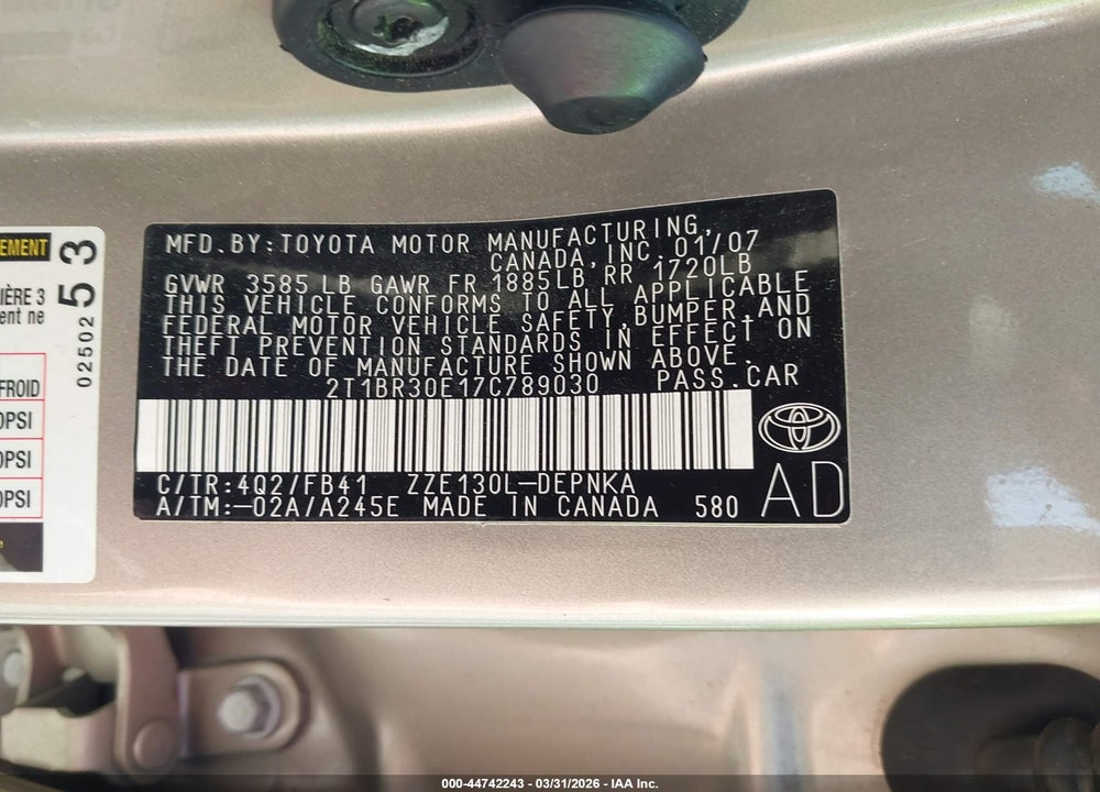 2007 TOYOTA COROLLA LE VIN: 2T1BR30E17C789030