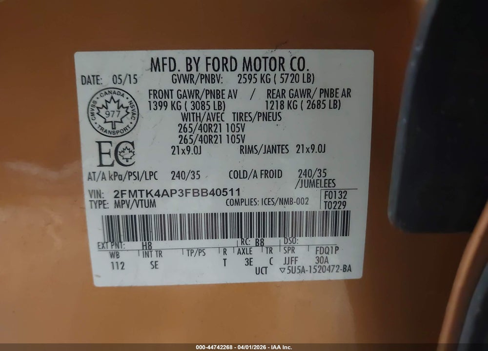 2015 FORD EDGE SPORT VIN: 2FMTK4AP3FBB40511