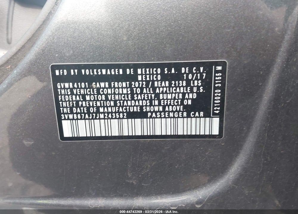 2018 VOLKSWAGEN JETTA 1.4T SE/1.4T WOLFSBURG EDITION VIN: 3VWB67AJ7JM243582