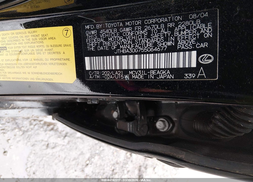 2005 LEXUS ES 330 VIN: JTHBA30G755064677