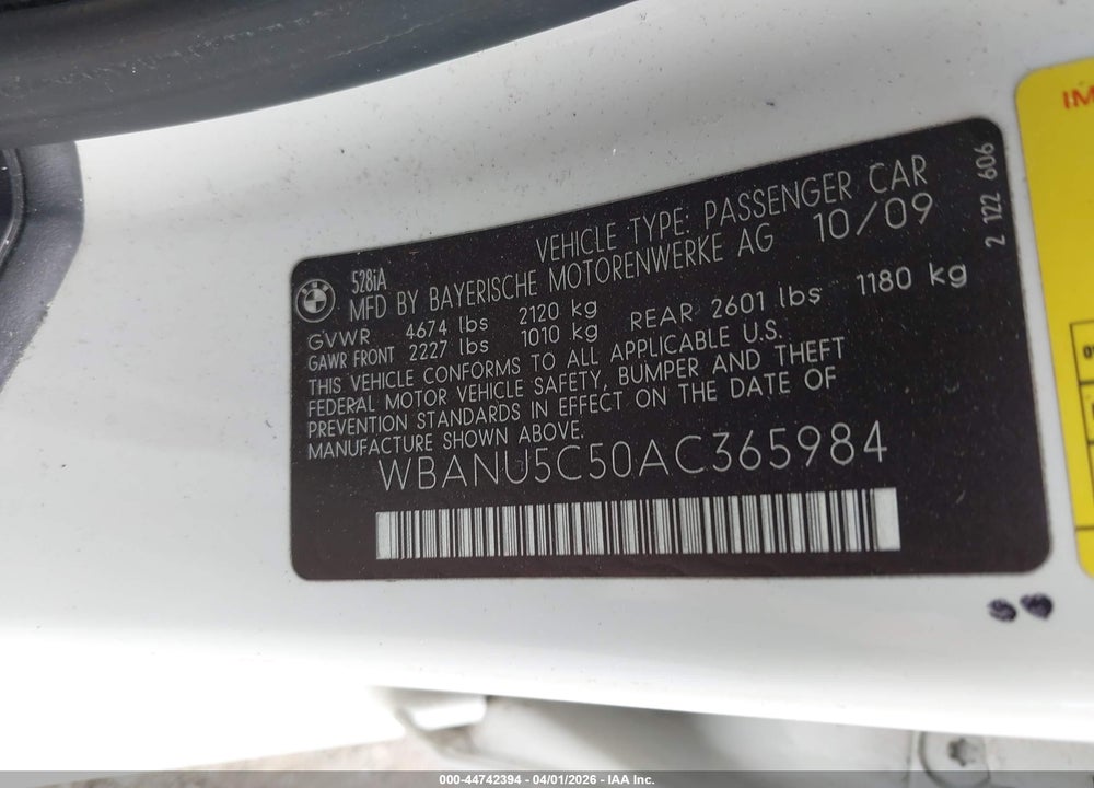 2010 BMW 528I VIN: WBANU5C50AC365984