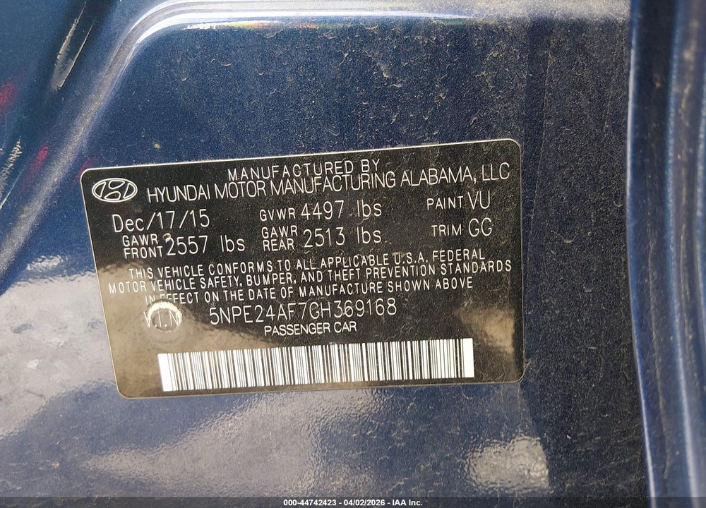 2016 HYUNDAI SONATA SE VIN: 5NPE24AF7GH369168