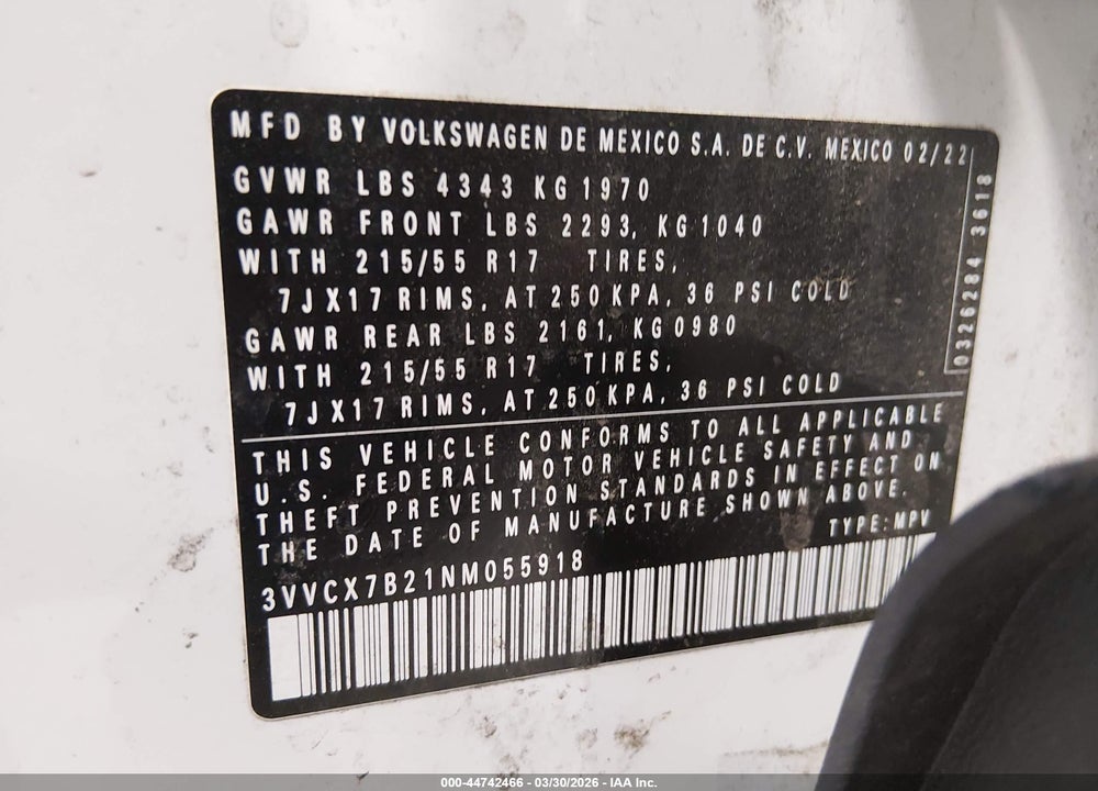 2022 VOLKSWAGEN TAOS 1.5T S VIN: 3VVCX7B21NM055918