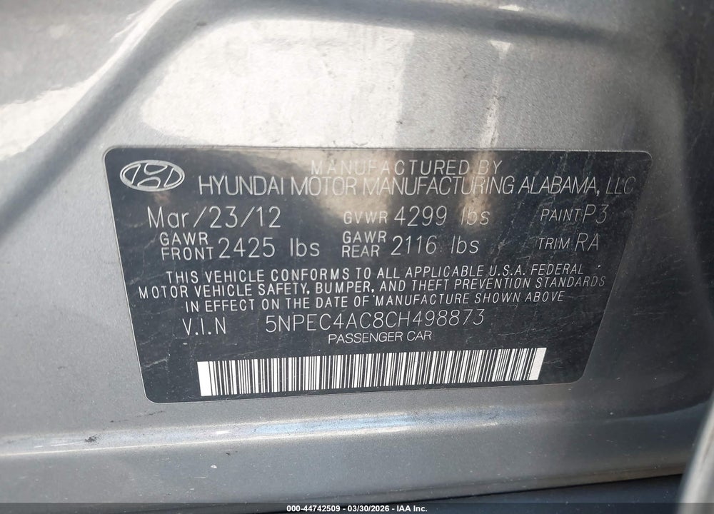 2012 HYUNDAI SONATA SE VIN: 5NPEC4AC8CH498873