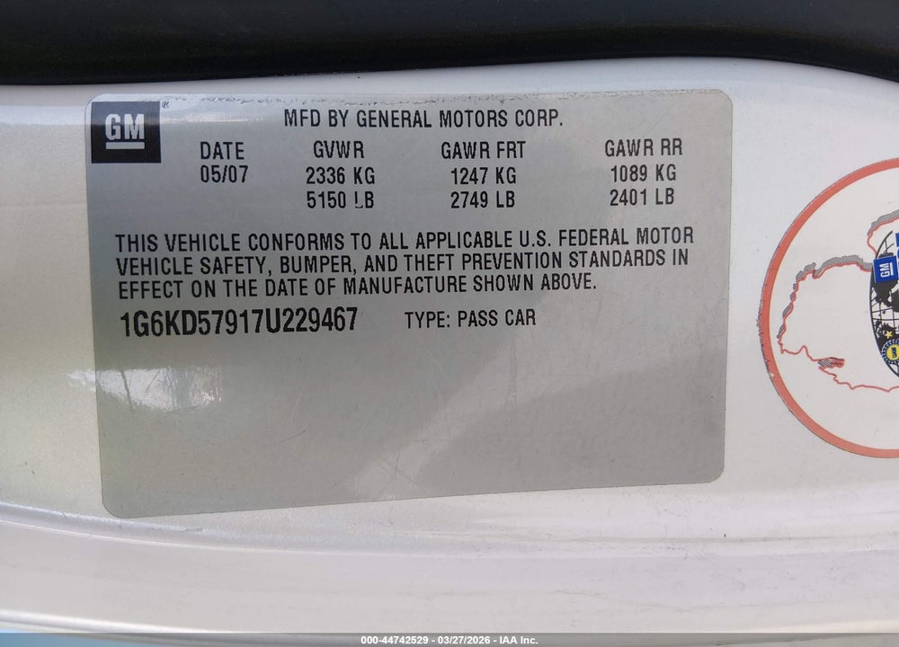 2007 CADILLAC DTS PERFORMANCE VIN: 1G6KD57917U229467