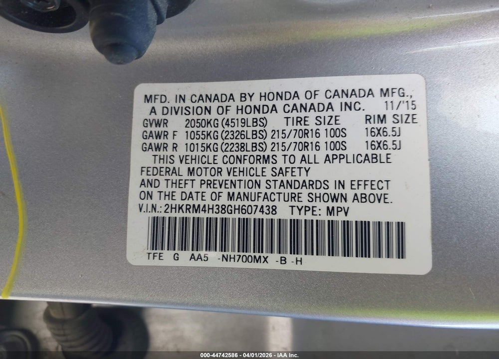 2016 HONDA CR-V LX VIN: 2HKRM4H38GH607438