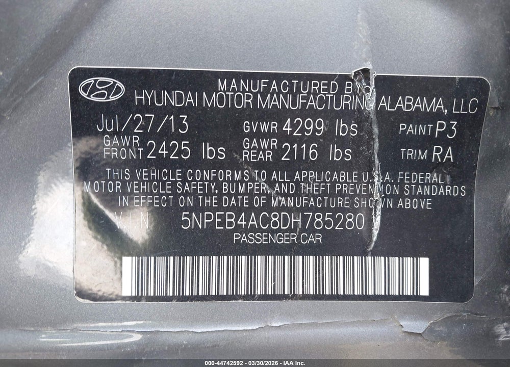 2013 HYUNDAI SONATA GLS VIN: 5NPEB4AC8DH785280