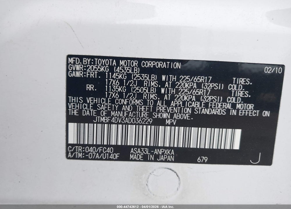 2010 TOYOTA RAV4 VIN: JTMBF4DV3AD036229