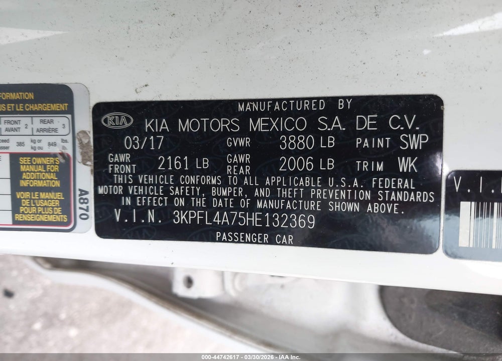 2017 KIA FORTE LX VIN: 3KPFL4A75HE132369
