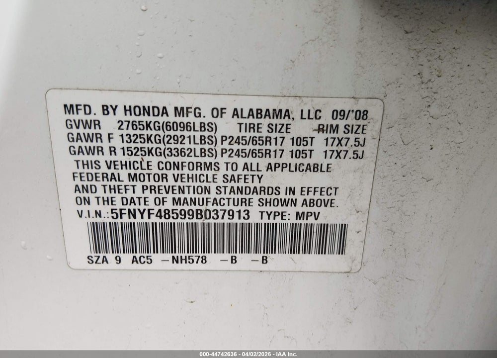 2009 HONDA PILOT EX-L VIN: 5FNYF48599B037913