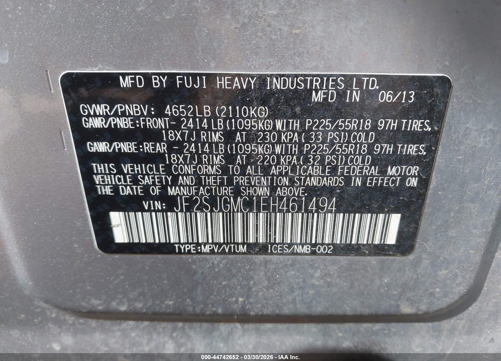 2014 SUBARU FORESTER 2.0XT TOURING VIN: JF2SJGMC1EH461494