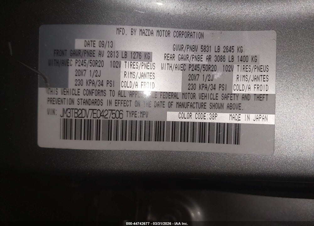 2014 MAZDA CX-9 GRAND TOURING VIN: JM3TB2DV7E0427506