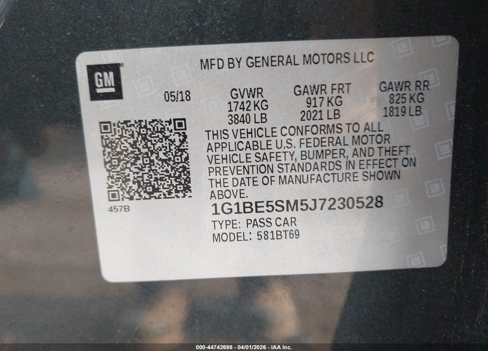 2018 CHEVROLET CRUZE LT AUTO VIN: 1G1BE5SM5J7230528