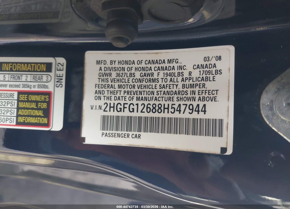 2008 HONDA CIVIC LX VIN: 2HGFG12688H547944