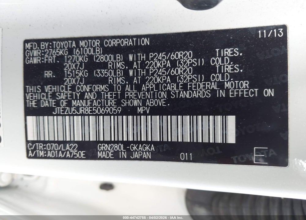 2014 TOYOTA 4RUNNER LIMITED VIN: JTEZU5JR8E5069059