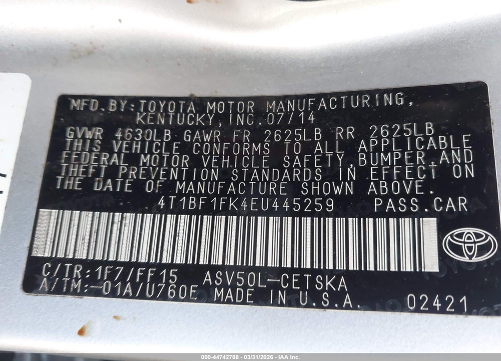 2014 TOYOTA CAMRY SE VIN: 4T1BF1FK4EU445259