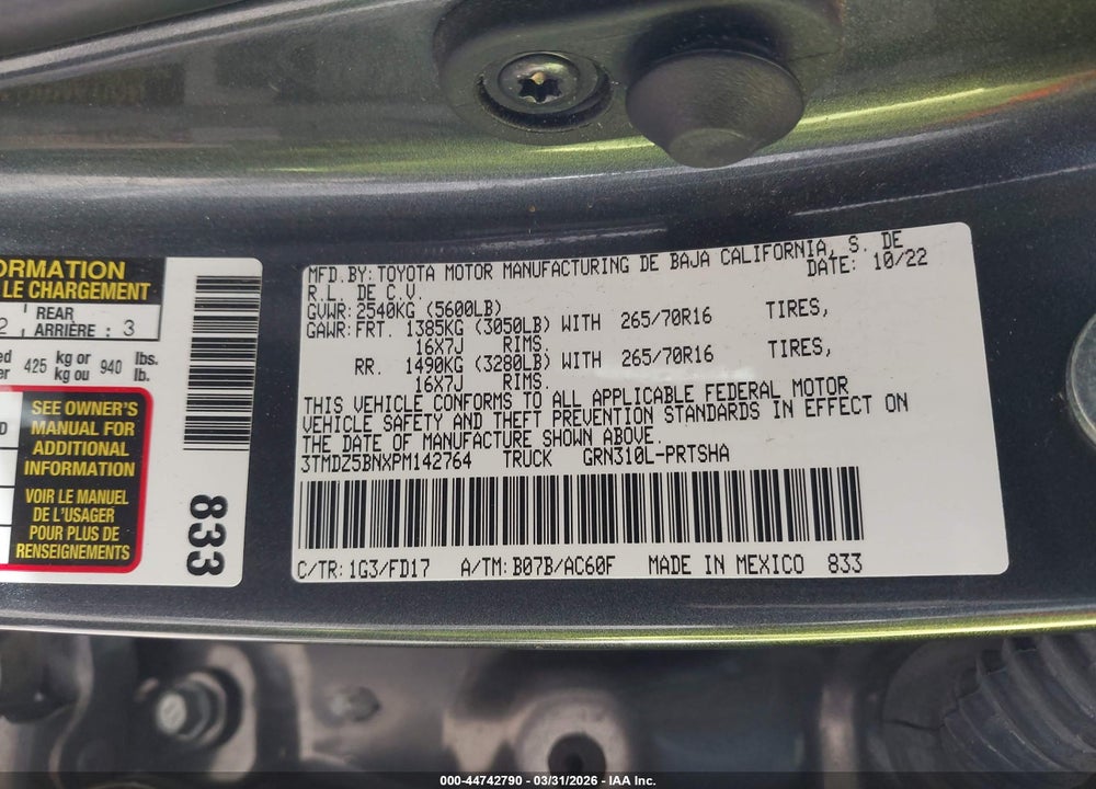2023 TOYOTA TACOMA TRD OFF ROAD VIN: 3TMDZ5BNXPM142764