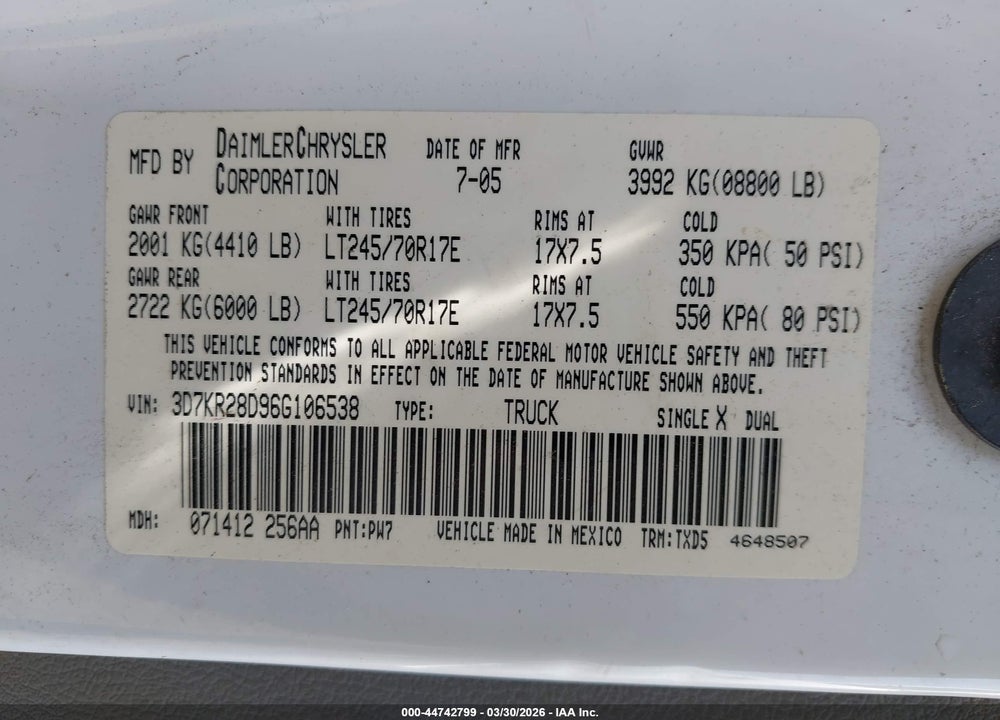 2006 DODGE RAM 2500 ST VIN: 3D7KR28D96G106538