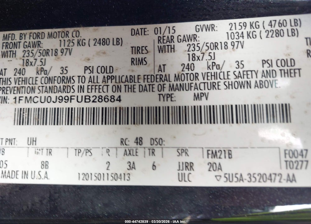 2015 FORD ESCAPE TITANIUM VIN: 1FMCU0J99FUB28684