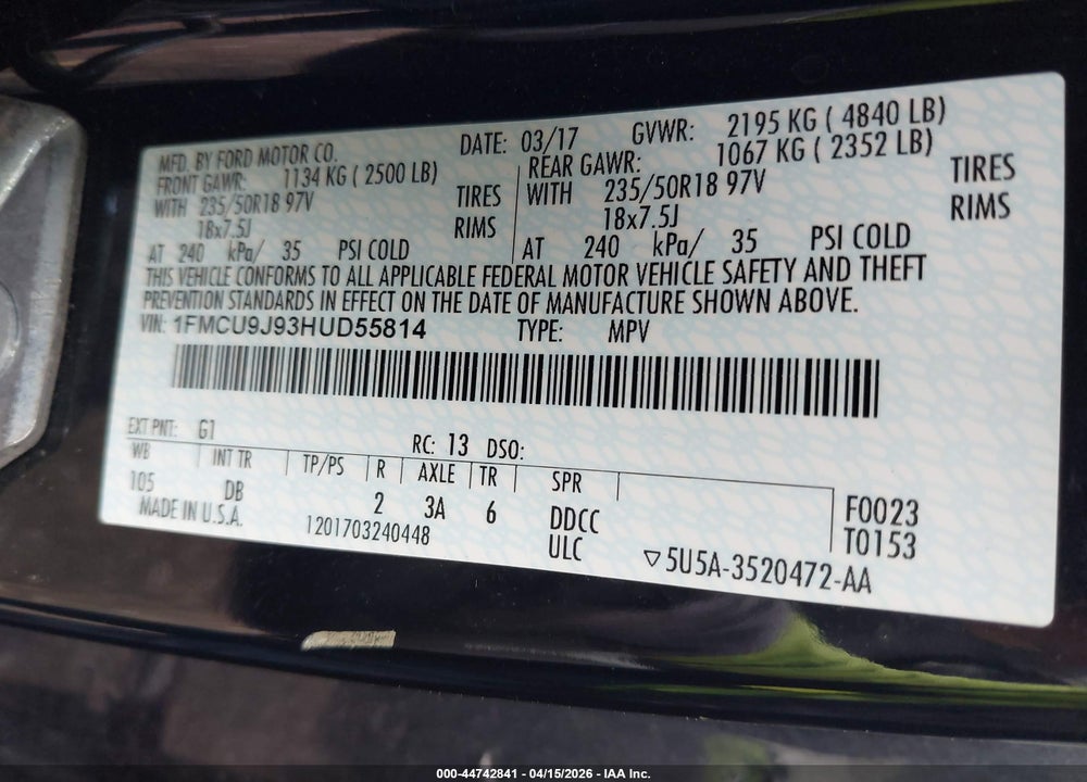 2017 FORD ESCAPE TITANIUM VIN: 1FMCU9J93HUD55814