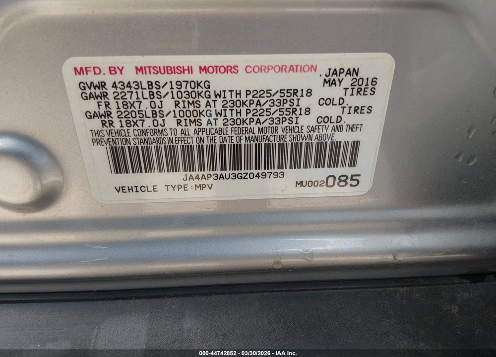 2016 MITSUBISHI OUTLANDER SPORT 2.0 ES VIN: JA4AP3AU3GZ049793