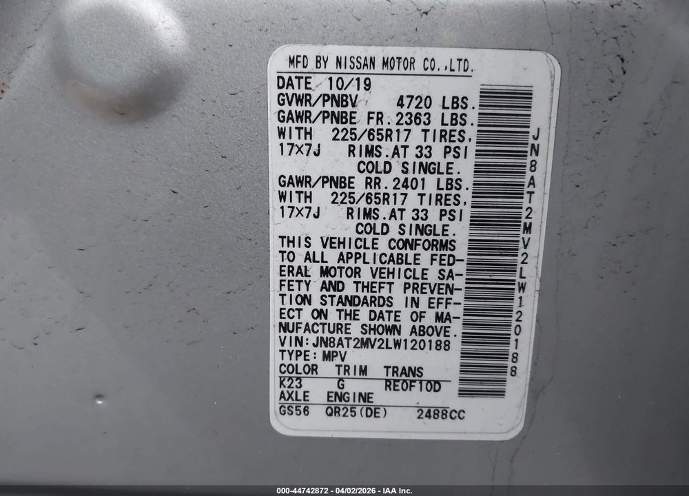 2020 NISSAN ROGUE SV INTELLIGENT AWD VIN: JN8AT2MV2LW120188