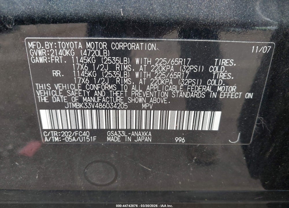 2008 TOYOTA RAV4 BASE V6 VIN: JTMBK33V486034205
