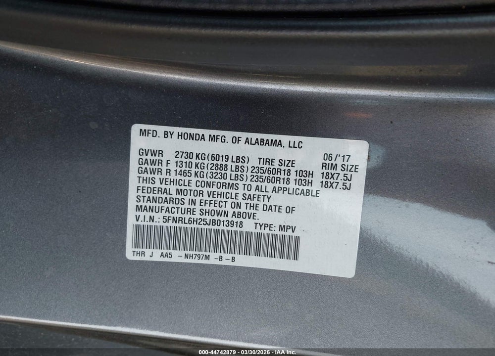 2018 HONDA ODYSSEY LX VIN: 5FNRL6H25JB013918