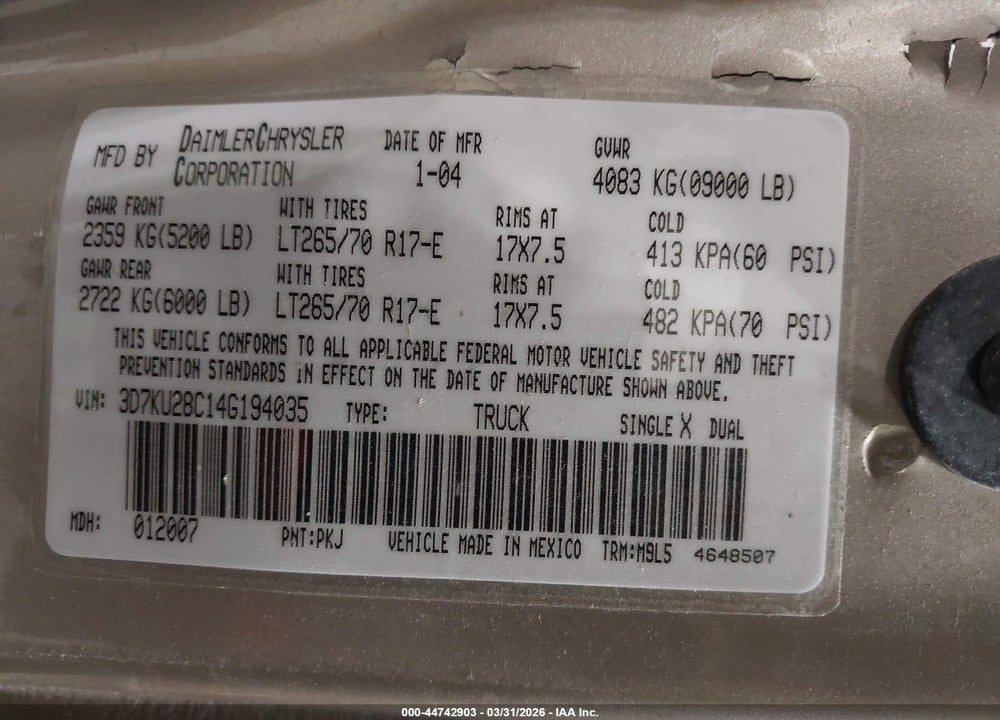 2004 DODGE RAM 2500 SLT/LARAMIE VIN: 3D7KU28C14G194035