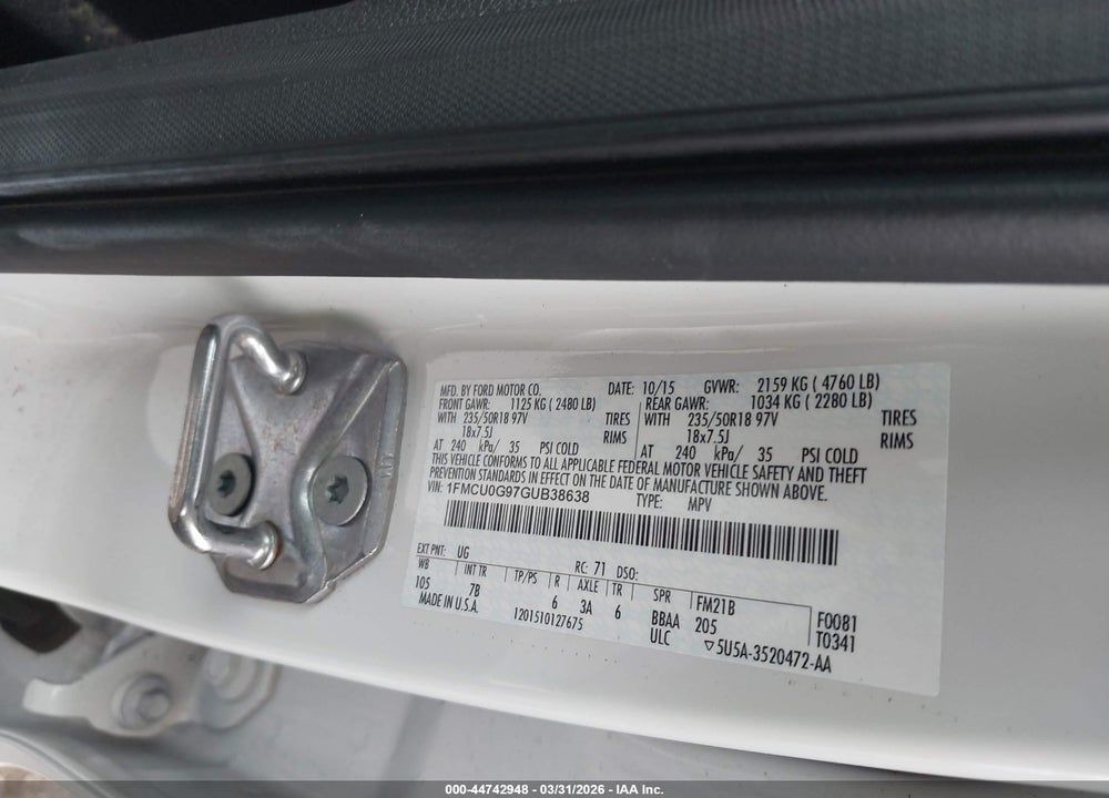 2016 FORD ESCAPE SE VIN: 1FMCU0G97GUB38638