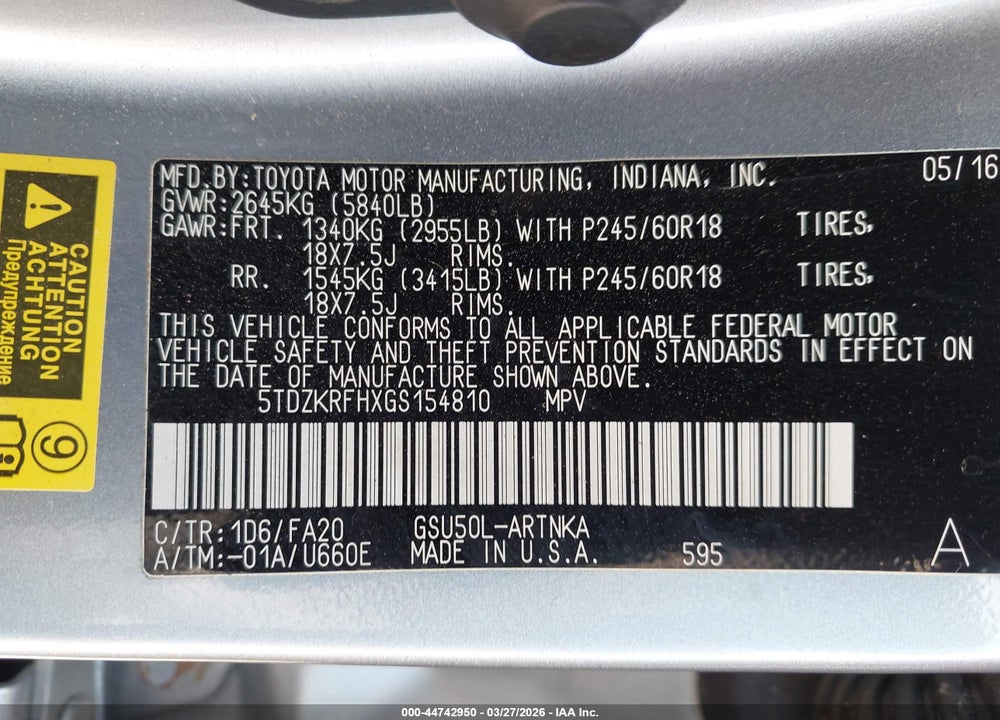 2016 TOYOTA HIGHLANDER VIN: 5TDZKRFHXGS154810