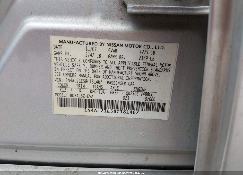 2008 NISSAN ALTIMA 2.5 S VIN: 1N4AL21E58C181467