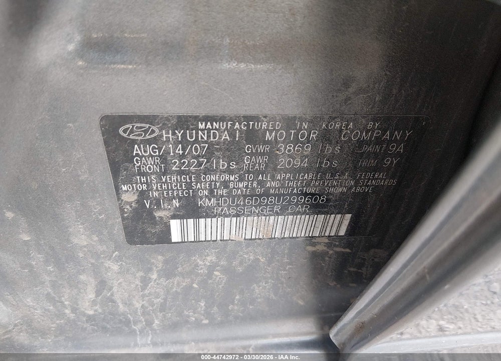 2008 HYUNDAI ELANTRA GLS/SE VIN: KMHDU46D98U299608