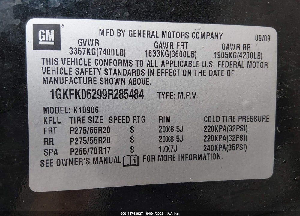 2009 GMC YUKON XL 1500 DENALI VIN: 1GKFK06299R285484