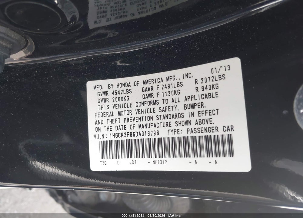 2013 HONDA ACCORD EX-L V-6 VIN: 1HGCR3F86DA019798