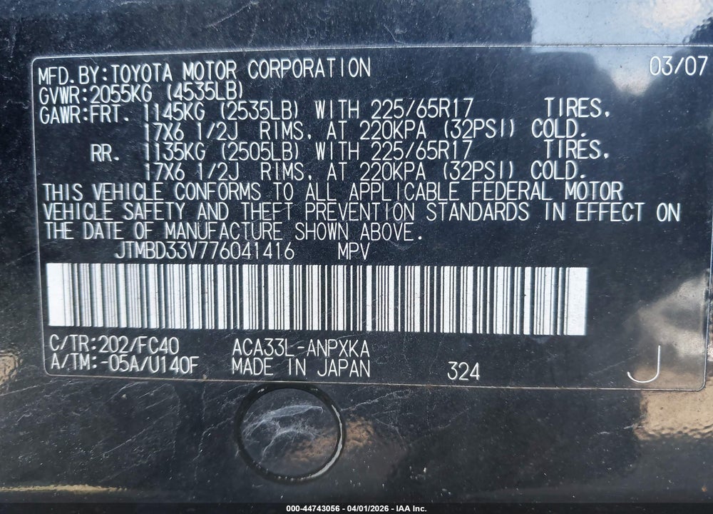 2007 TOYOTA RAV4 VIN: JTMBD33V776041416