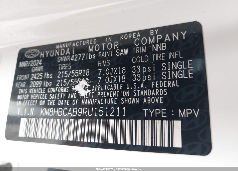 2024 HYUNDAI KONA SEL VIN: KM8HBCAB9RU151211