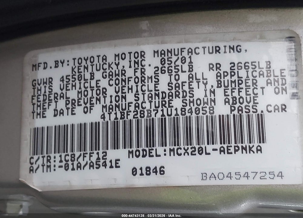 2001 TOYOTA AVALON XL VIN: 4T1BF28B71U184058