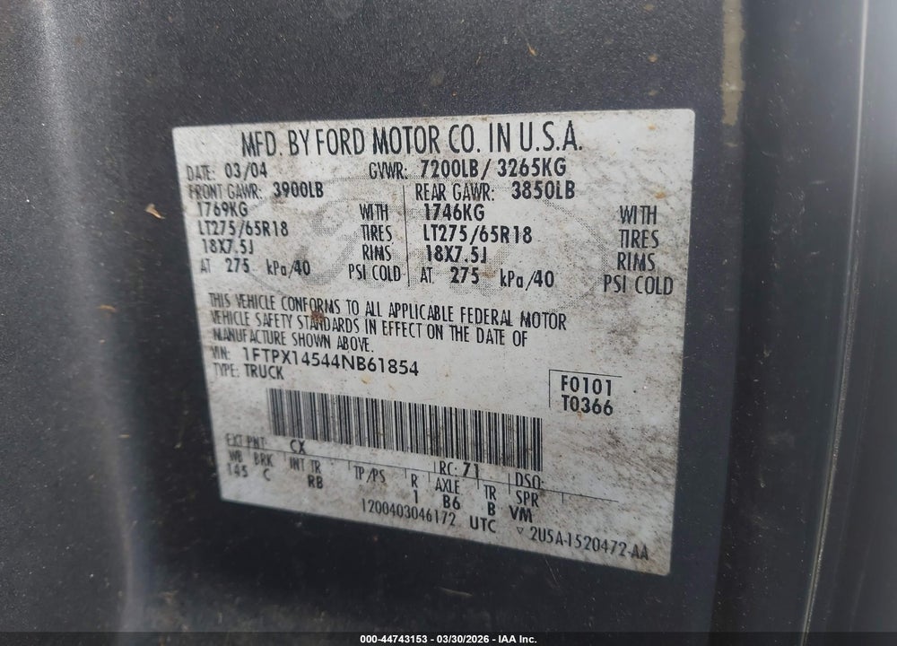 2004 FORD F-150 FX4/LARIAT/XL/XLT VIN: 1FTPX14544NB61854
