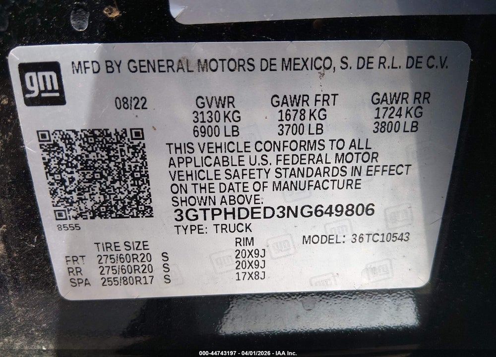 2022 GMC SIERRA 1500 2WD  SHORT BOX SLT VIN: 3GTPHDED3NG649806
