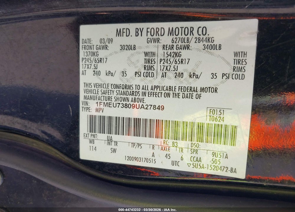 2009 FORD EXPLORER XLT VIN: 1FMEU73809UA27849