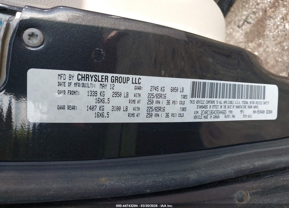 2012 CHRYSLER TOWN & COUNTRY TOURING VIN: 2C4RC1BG4CR344665