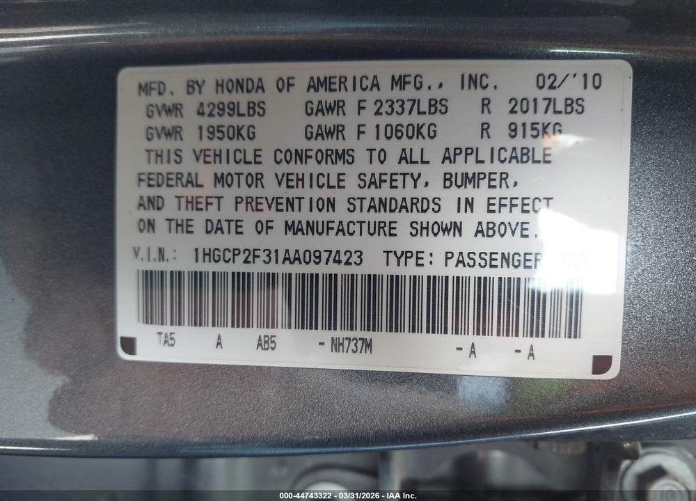2010 HONDA ACCORD 2.4 LX VIN: 1HGCP2F31AA097423