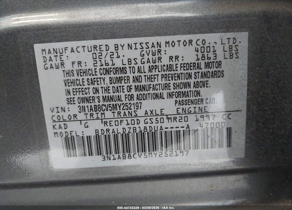 2021 NISSAN SENTRA SV XTRONIC CVT VIN: 3N1AB8CV5MY252197