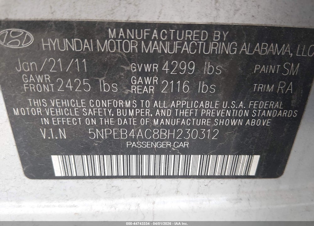 2011 HYUNDAI SONATA GLS VIN: 5NPEB4AC8BH230312